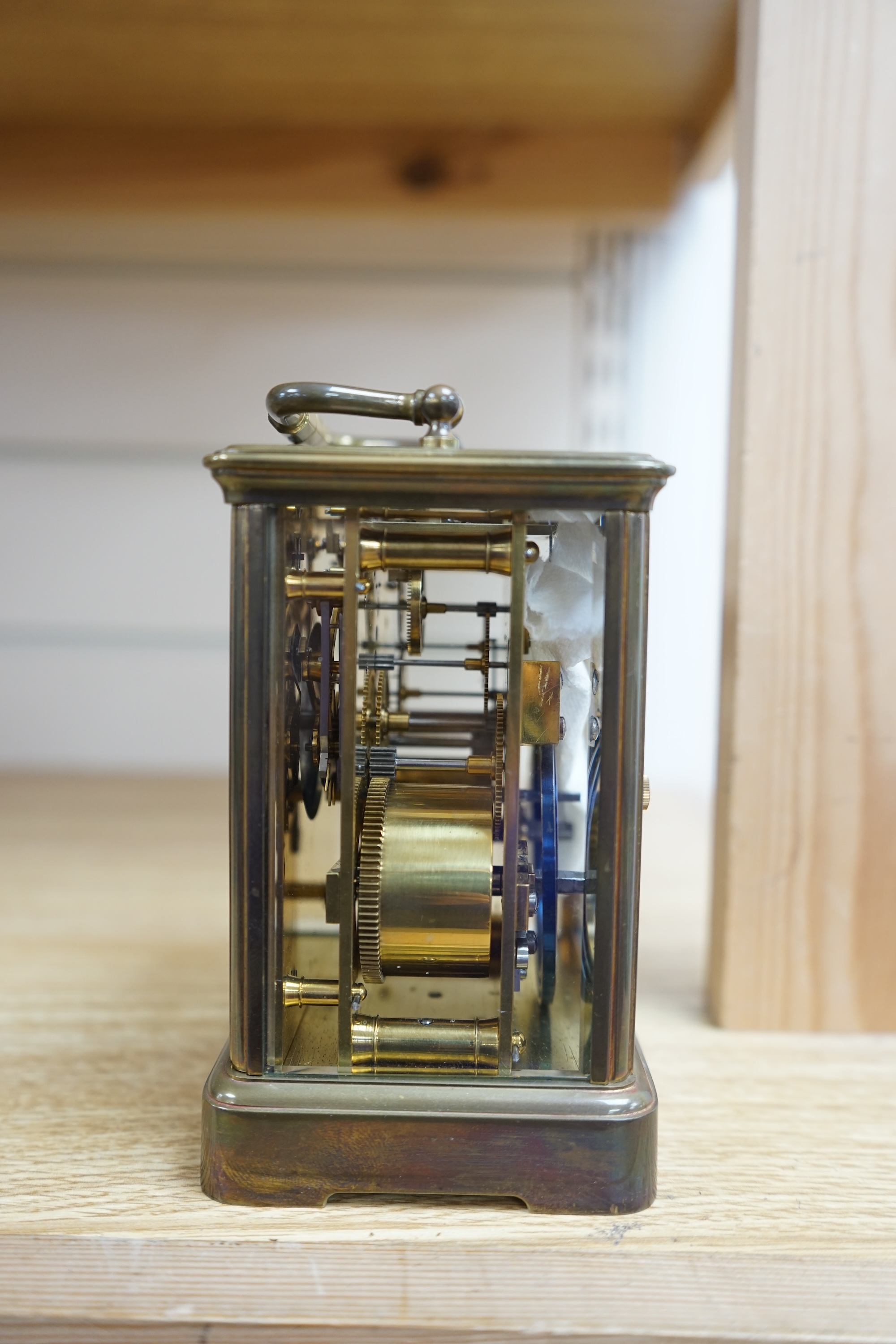 A Marshall & Sons repeating brass cased carriage clock, no key, 17cm high. Condition - fair, untested